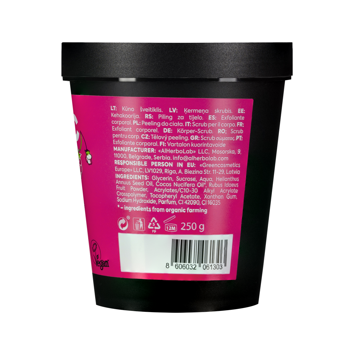 Organic Mimi, Body Scrub Jam Coconut & Raspberry, 250 g